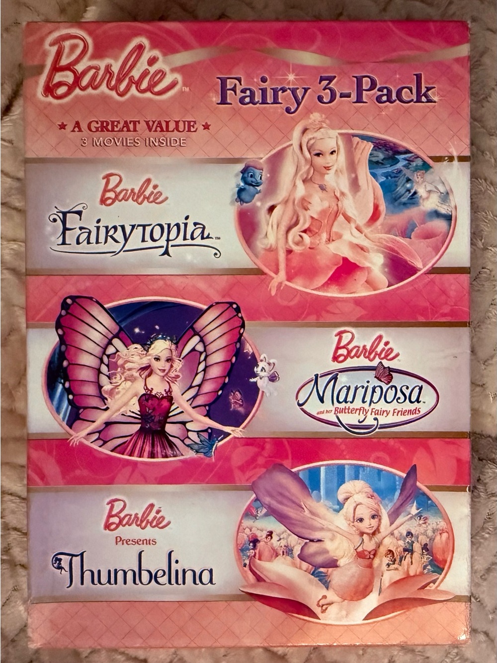 Barbie Fairy 3-Pack DVD Box Set - Hot Pink, Gold Accents #Barbie